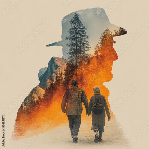 Happy elderly couple walking and holding hands outdoors. back view. mountains in the background, double exposure