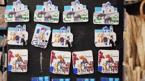 Wallpaper Mural Collection of 3D Greek souvenir magnets on dark background. Featuring blue-domed churches, donkeys, and cats in cozy settings. Includes “Greece” and “Kalimera” (good morning). Torontodigital.ca