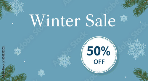 Winter Sale 50% Off with Snowflakes and Evergreen Branches on a Blue Background Seasonal Discount