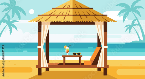 Beach Gazebo Relaxation: Tropical Paradise with Cocktail and Ocean View, Illustration Style