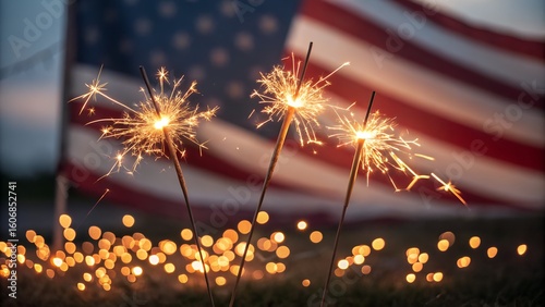 Sparklers and american flag celebrate independence day