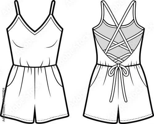 Flat fashion sketch, romper front and back, sleeveless jumpsuit with pockets, criss-cross back, bow tie, technical illustration, outline
