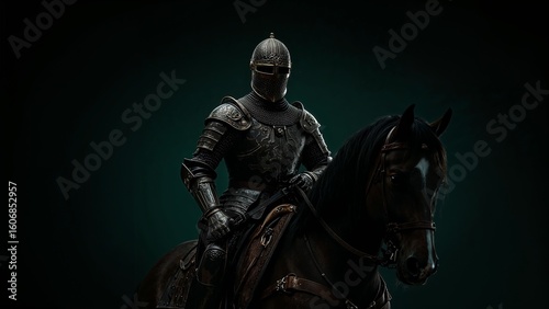 Medieval knight holding reins and riding dark horse in studio, with engraved armor highlights