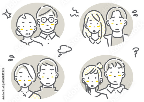 多世代のカップル・夫婦のアバターイラストセット　シンプルでお洒落な線画イラスト
