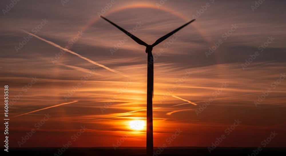 Obraz premium Wind turbine silhouette at sunset with sun halo and airplane contrails in an orange sky.