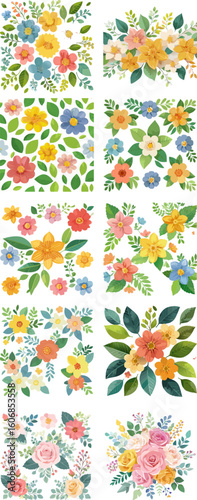 Watercolor Floral Arrangements on White Background.