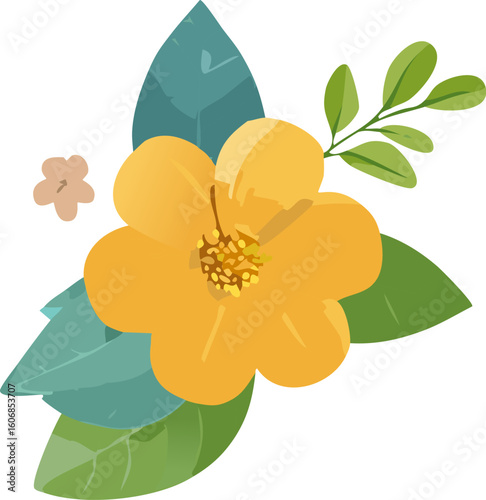 Yellow Flower with Green Leaves Illustration.