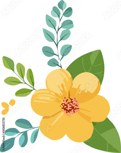 Yellow Flower with Green Leaves Floral Design.