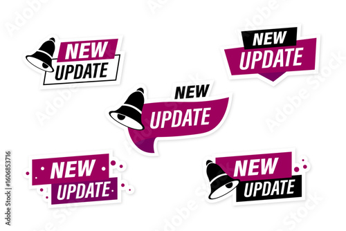 vector set of red update stickers with bells on white background