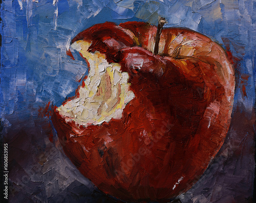 Bitten Red Apple – Textured Still Life Painting