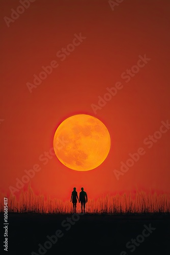 Silhouette of a couple holding little fingers against the sunset. against the backdrop of a huge moon. view from the bottom up. close-up