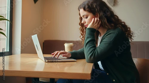 A young woman with curly brown hair sits at a wooden table, focused on her laptop, with a drink in a disposable cup beside her.