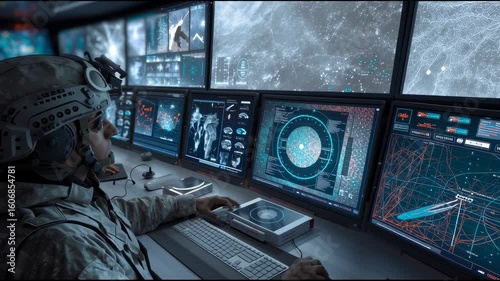An AI-powered central command, where a central AI core processes vast amounts of battlefield data from various sources (satellites, drones, ground sensors) to provide real-time strategic analysis and 