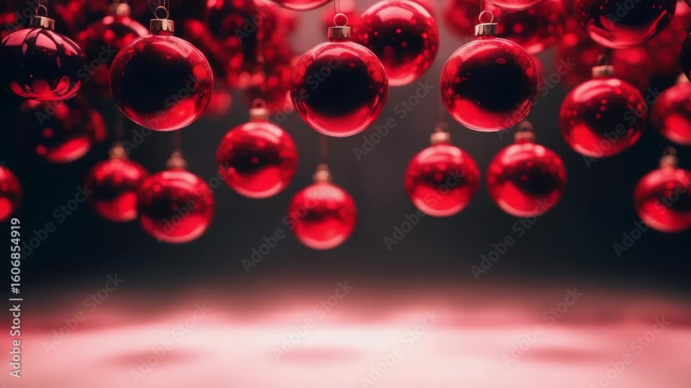 Red Christmas Ornaments Swinging Against Dark Background