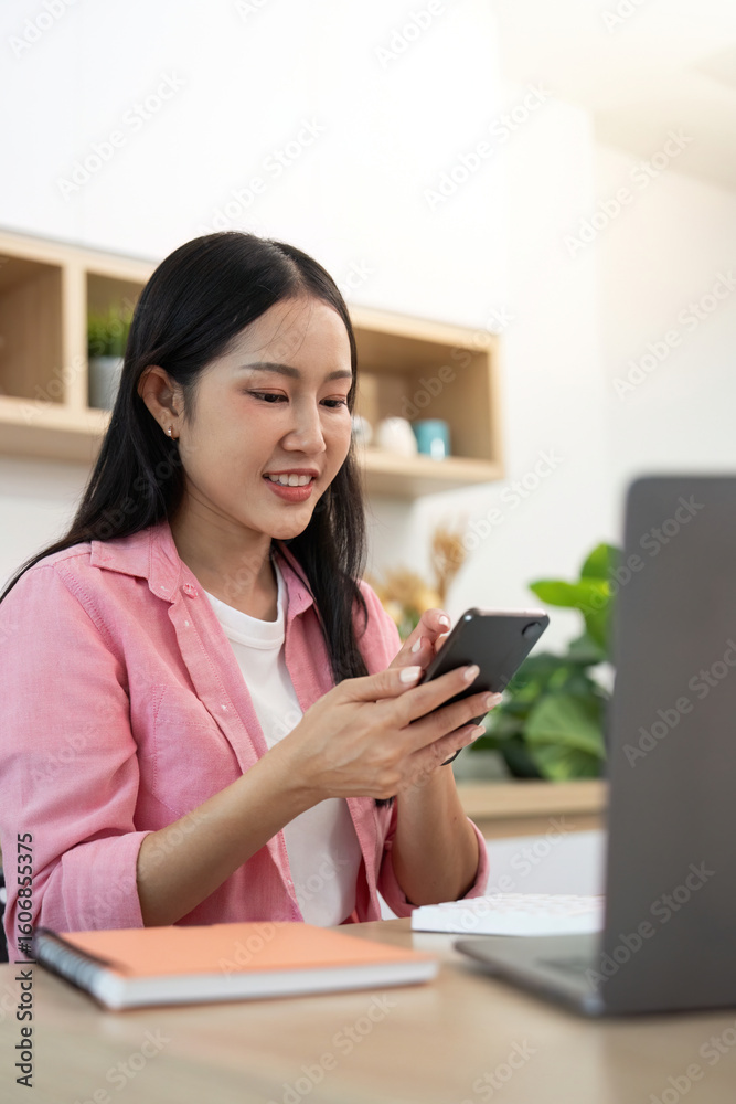 Work from Home Smiling Woman Texting on Smartphone Work from Home Smiling Woman Texting on Smartphone