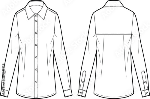 Women long sleeve button down shirt, technical flat sketch, front and back view, fashion design, vector template, apparel outline