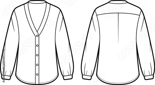 Women long sleeve V-neck blouse, button down shirt flat sketch, front and back view, fashion technical design, vector template