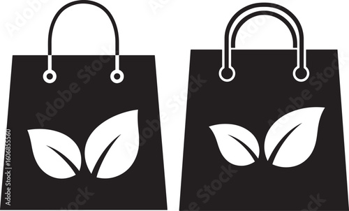 Two black shopping bags with green leaf icons silhouette