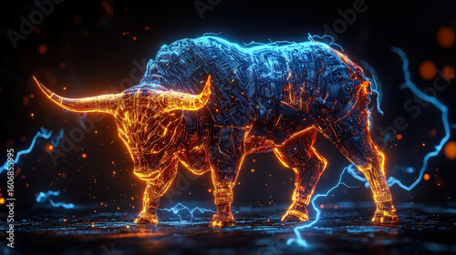 Bull with a red and blue body is standing in front of a storm