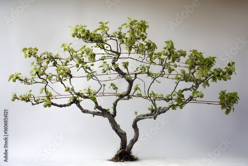 A trained fruit tree displaying horizontal branches via espalier method.