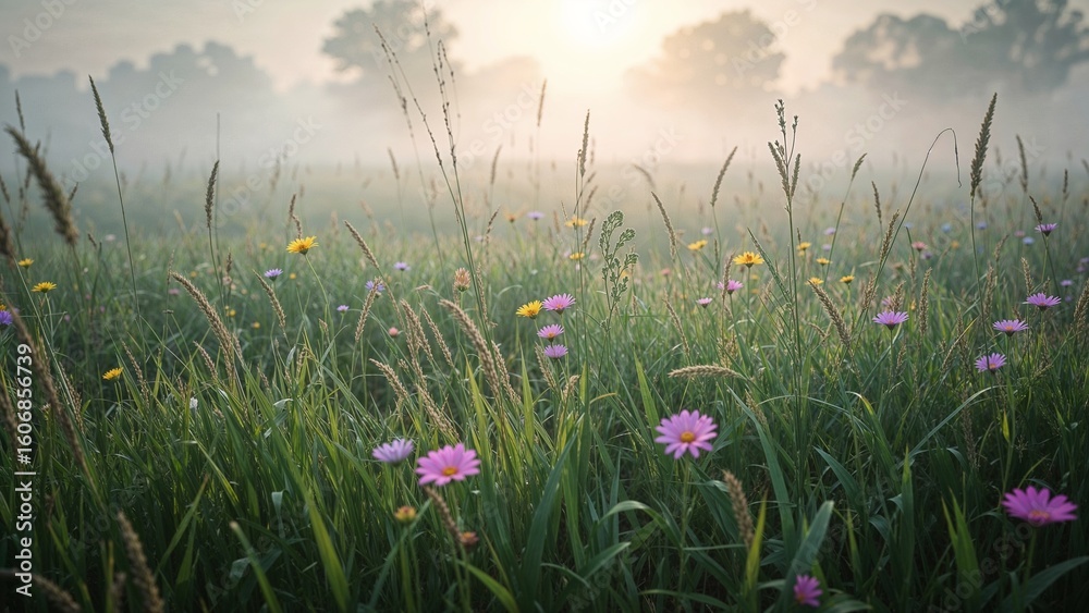 Fototapeta premium Shimmering dew-laden grass seed heads catching golden sunlight over misty meadow, with wildflowers