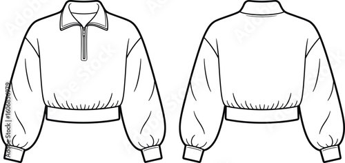 Stylish Cropped Polo Sweatshirt Design, Front and Back View, Long Sleeve Half-Zip Top, Modern Apparel Template, Editable Vector Flat Sketch Illustration.