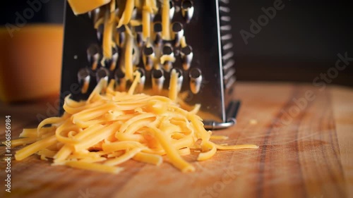 Hand actively grating vibrant orange cheese with a metal grater, creating shredded cheese on a wooden board.