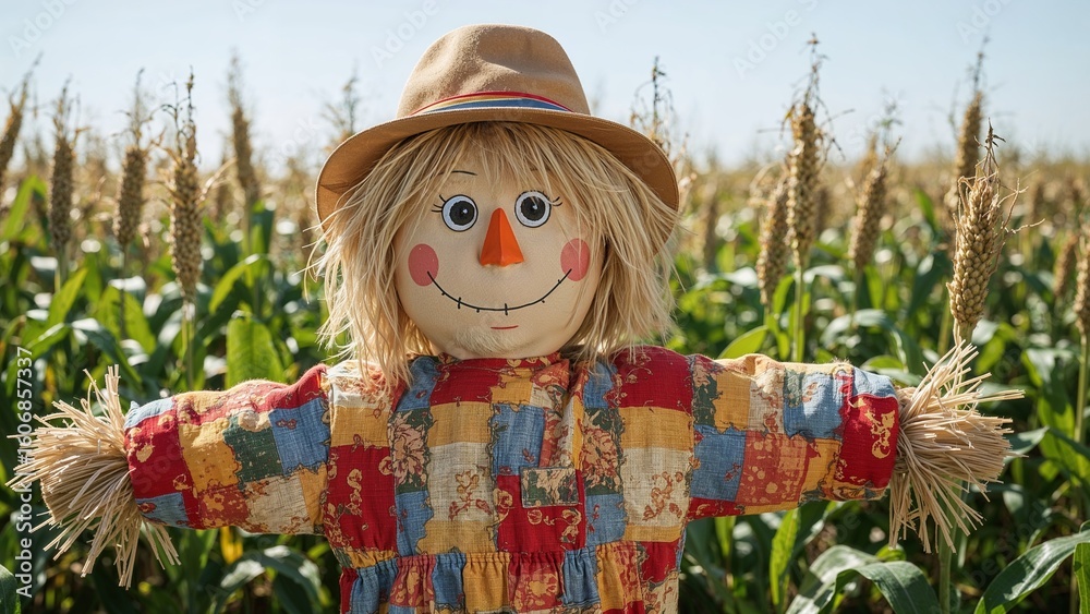Fototapeta premium Standing straw scarecrow wearing patchwork dress in cornfield, with straw hat and golden tassels