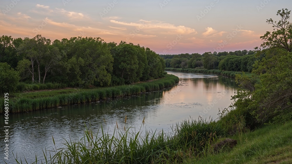 Obraz premium Flowing meandering river reflecting cloudy sunset sky at rural riverside with reeds and green trees