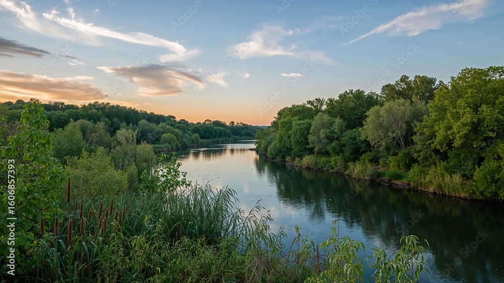 Obraz premium Reflecting winding river flowing past park at dusk, with cattail reeds, grasses and deciduous trees