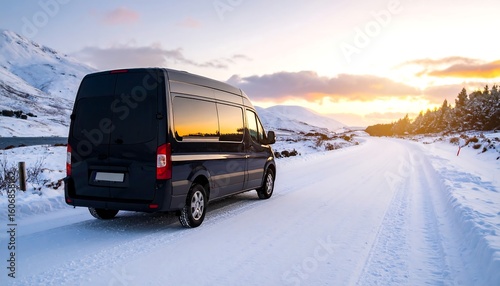Dark van on snowy road at winter sunset