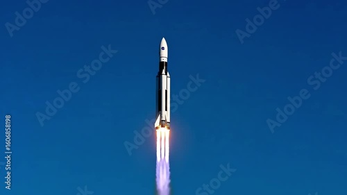 A powerful rocket ascends into the clear blue sky, its engines igniting with a brilliant plume of fire and smoke during liftoff.