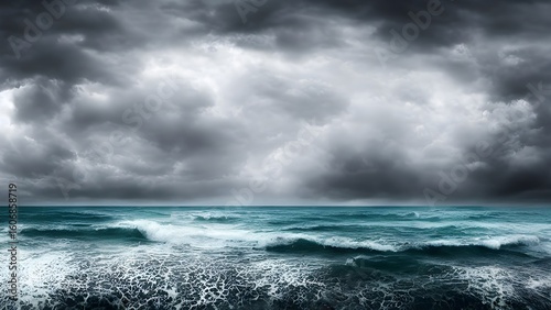 Dark clouds gather over a turbulent sea, their stormy embrace painting a dramatic landscape of rain and crashing waves on the horizon