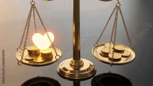 A glowing heart symbol outweighs a pile of gold coins on one side of a brass balance scale, representing the value of love versus wealth.