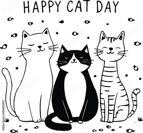 Happy cat day cute cats illustration black and white drawing feline pets domestic animals celebration silhouette