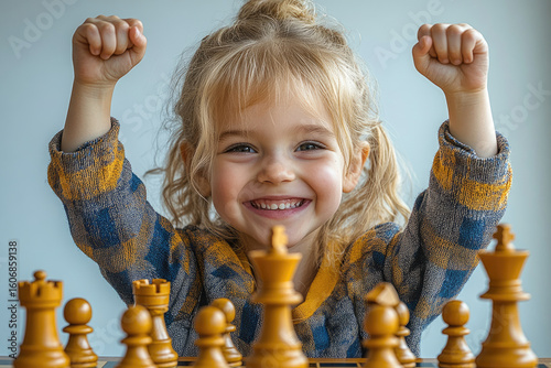 A Happy Little Girl Celebrating Victory After Winning Chess