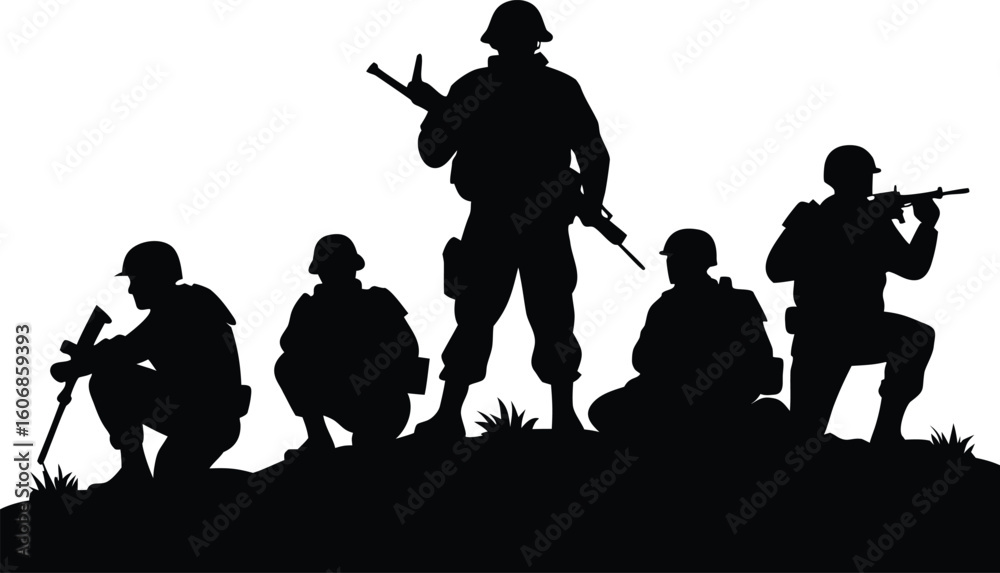 Silhouette of a group of soldiers in tactical gear holding rifles standing and crouching on a hill isolated on transparent background Silhouette of a group of soldiers in tactical gear holding rifles standing and crouching on a hill isolated on transparent background