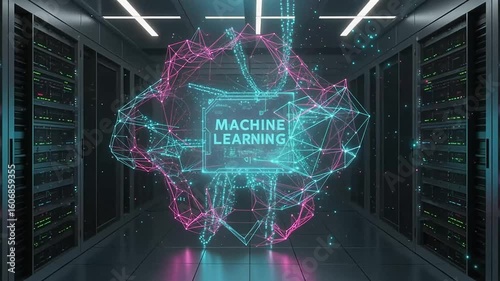 Abstract digital representation of machine learning algorithms and neural networks in a futuristic server room environment.