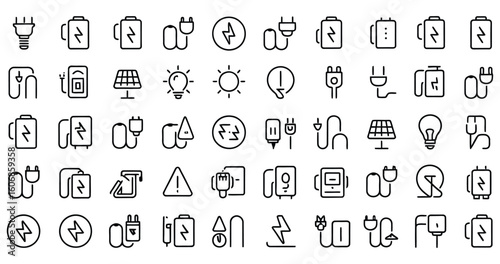 Vector art of a set of outline icons representing battery charging and renewable energy sources, isolated on white background