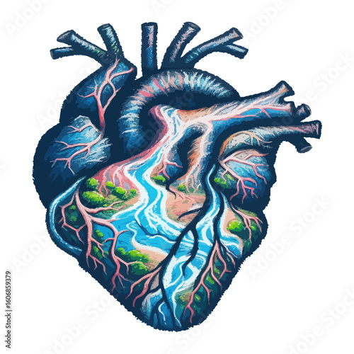 Anatomical heart painting blending nature, arteries as branching waterways, merging human anatomy and natural landscapes.