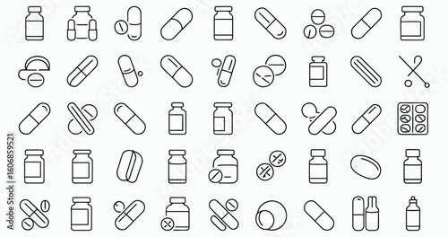 Vector art of a set of medicine icons showcasing different types of pills and bottles, isolated on white background