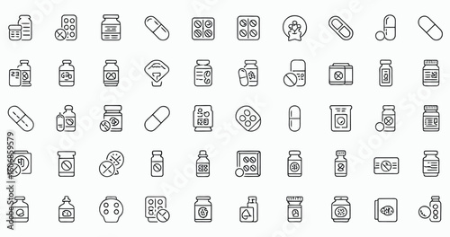 Vector art of a variety of medicine and pill icons representing pharmaceutical products, isolated on white background