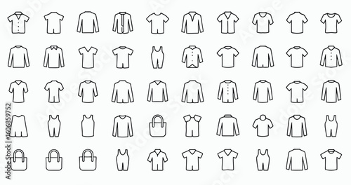 Vector art of a diverse array of clothing icons showcasing different styles and designs, isolated on white background