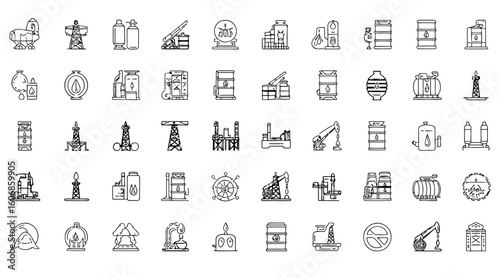 Vector art of collection of oil and gas industry icons depicting petroleum production and storage isolated on white background