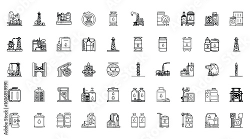 Vector art of collection of oil and gas industry icons depicting petroleum production and storage isolated on white background