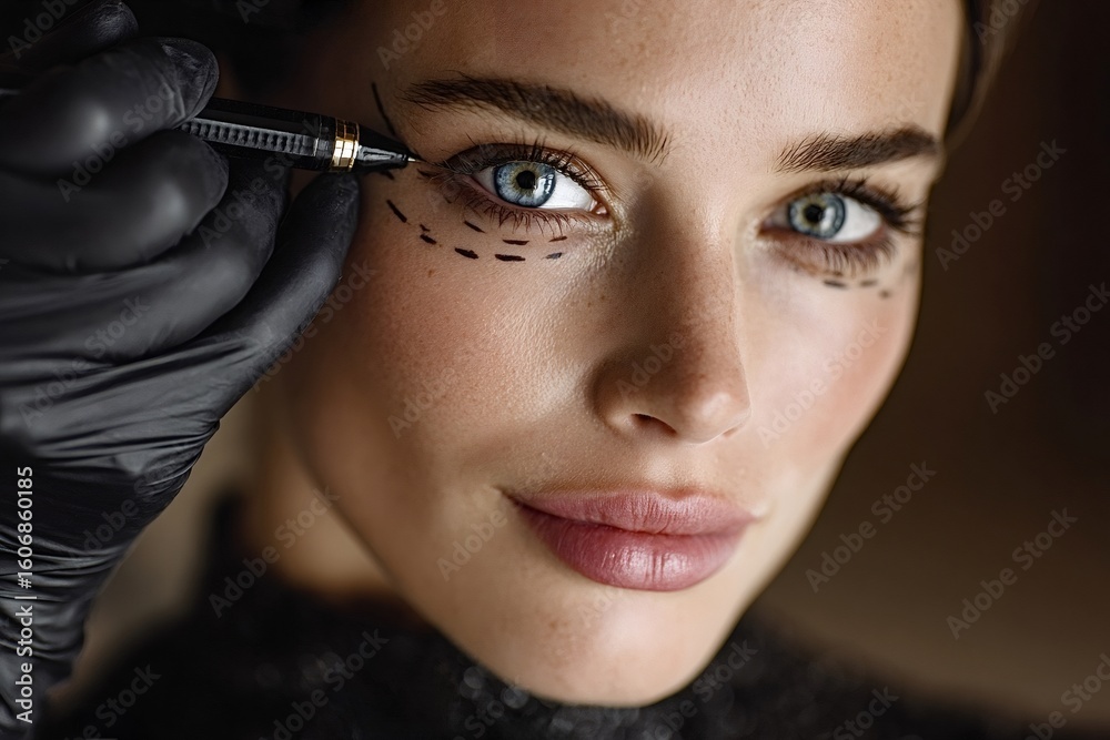 Obraz premium Surgeon wearing black gloves meticulously drawing dotted lines on a woman's face with a surgical marker, preparing for blepharoplasty and enhancing her natural beauty through cosmetic surgery