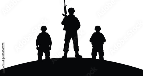Silhouette of a soldier standing tall with two children beside him on a hilltop isolated on transparent background