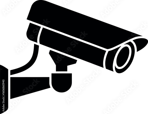 A black security camera mounted on a bracket against a white background in a simple illustration