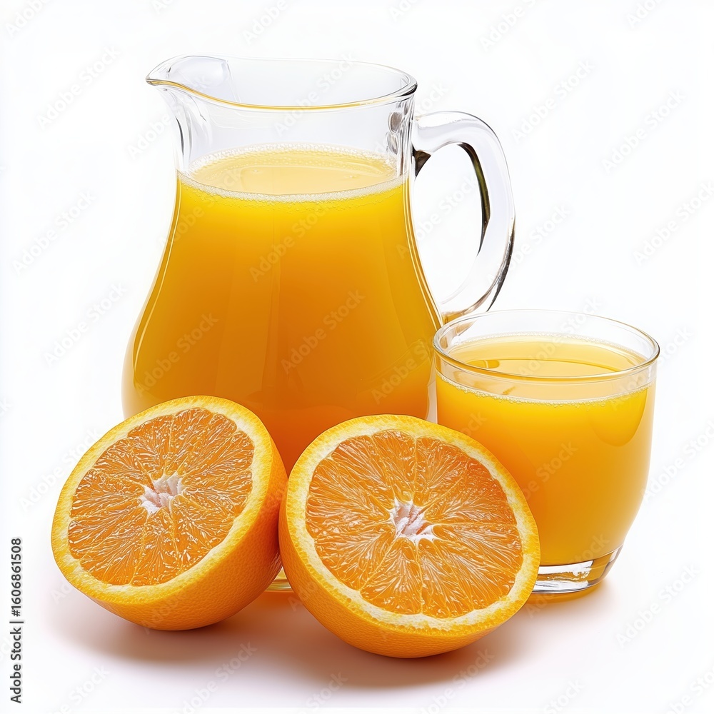 Fresh orange juice poured into a glass. A pitcher of juice and sliced oranges are placed nearby. Isolated on white background Fresh orange juice poured into a glass. A pitcher of juice and sliced oranges are placed nearby. Isolated on white background