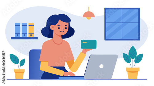 Woman shopping online with credit card while using laptop at home office